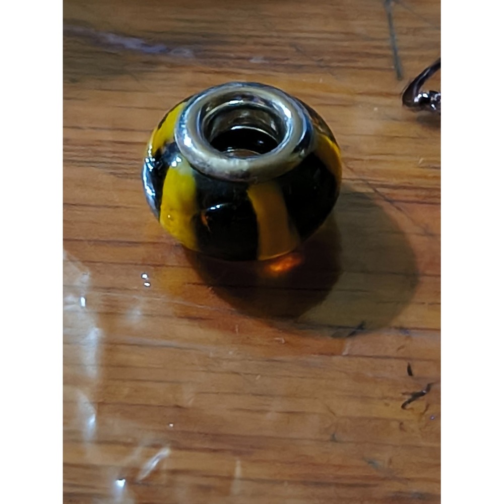 Lampwork Glass Charm Bead Bumblebee Tiger Stripe Yellow Silver Tone Core